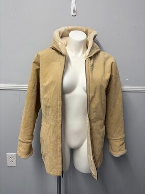 St John's Bay Hooded Beige Suede Leather Coat Faux Fur Lining Size Medium